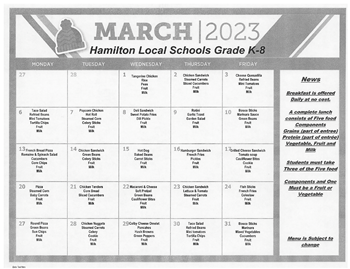 K-8 March Lunch Menu
