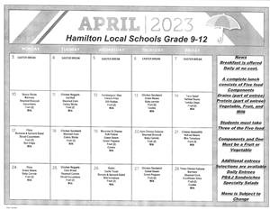 HTHS April Lunch Menu